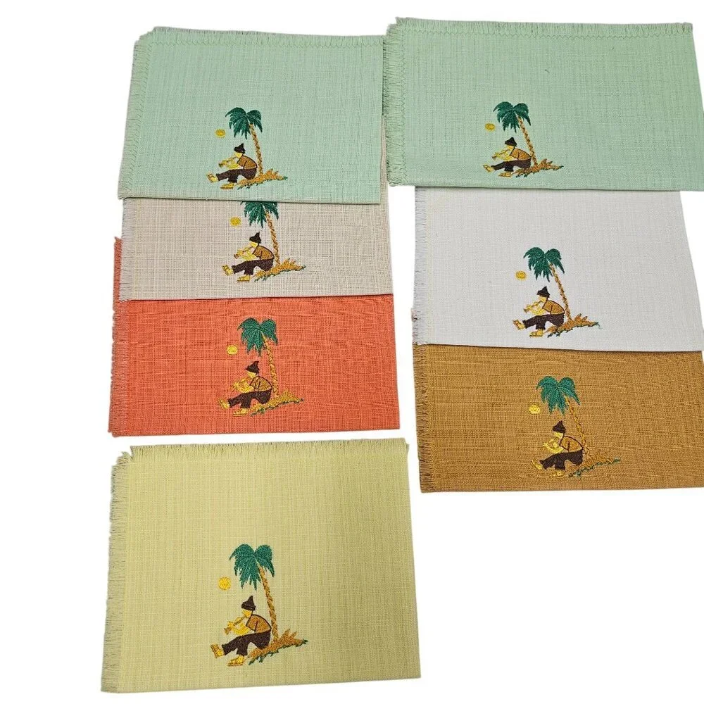 8 Vintage Tropical Themed Linen‎ Napkins Placemat Multicolor Needle Cross Stitch
